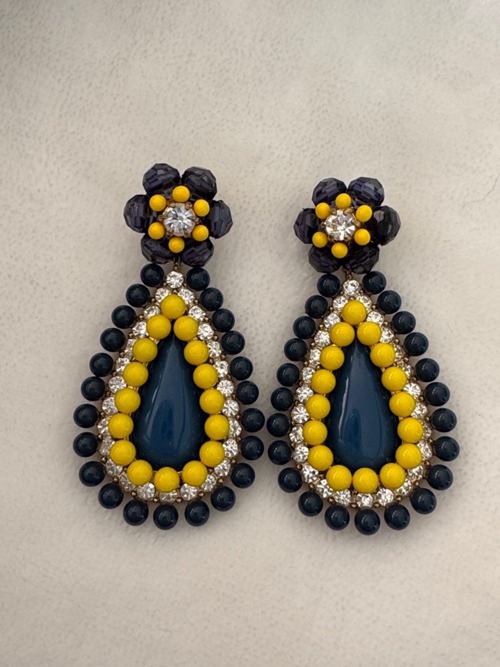 J. Crew Yellow & Navy Teardrop Beaded Statement Earrings